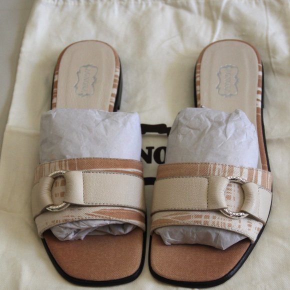 AGNONA Made in Italy Sandals Slides Flats Cream Leather Tan Canvas Size EU 38 - Picture 7 of 11